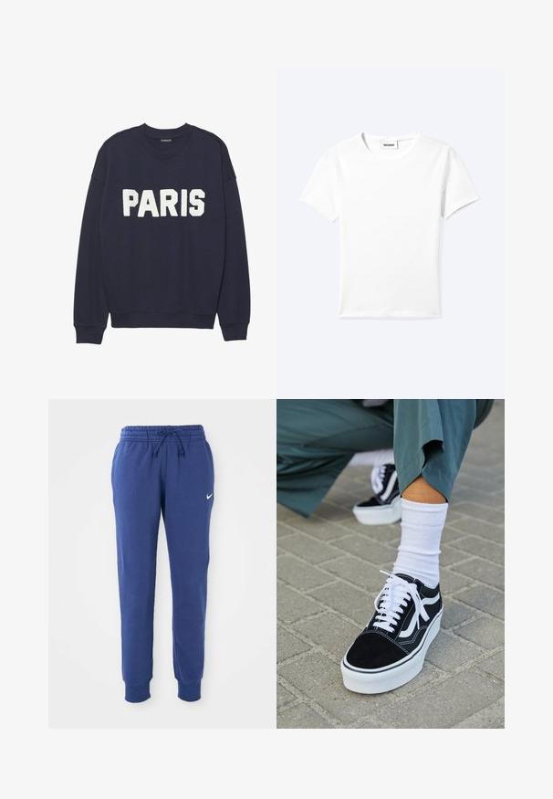 Marineblauwe sweatshirt met ribgebreide manchetten en halslijn, met witte fleece letters die "PARIJS" op de voorkant lezen.; Effen wit T-shirt met korte mouwen en ronde hals met een klein "WEEKDAY" label aan de binnenkant van de hals, plat neergelegd op een lichte achtergrond.; Blauwe Nike trainingsbroek met elastische tailleband, trekkoord, gekruiste enkels en wit Nike swoosh-logo op de linkerdij.; Zwarte suède sneaker met witte accenten en veters, uitgerust met een dikke witte zool en contrasterende stiksels, gecombineerd met een witte sok.