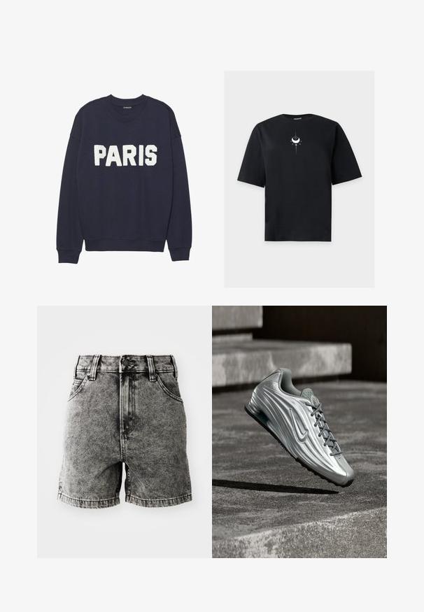 Sweatshirt bleu marine avec des poignets et un col côtelés, arborant des lettres en polaire blanche qui indiquent "PARIS" sur le devant.; T-shirt noir à manches courtes avec un petit motif blanc de croissant de lune et d'étoile centré près du col.; Shorts en denim noir présentant une taille haute, un design à cinq poches, et une texture usée avec des coutures visibles et des détails en métal.; Baskets Nike argentées avec un motif texturé sur le côté et des lacets gris, flottant au-dessus de marches en béton dans un décor extérieur aux tons atténués.