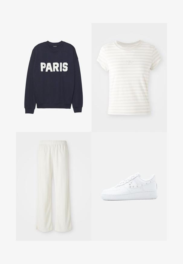 Sudadera azul marino con puños y cuello de canalé, que presenta letras de forro polar en blanco que dicen "PARIS" en la parte delantera.; Camiseta de tirantes cortos a rayas blancas, hecha de algodón suave. Presenta un cuello redondo y un pequeño logo de Nike bordado en el pecho.; Pantalones color crema con un diseño de pierna ancha, hechos de material ligero, que presentan rayas verticales y una cintura elástica.; Zapatilla blanca Nike Air Force 1 con detalle de Swoosh tachonado y suela gruesa, mostrada sobre un fondo liso gris claro.