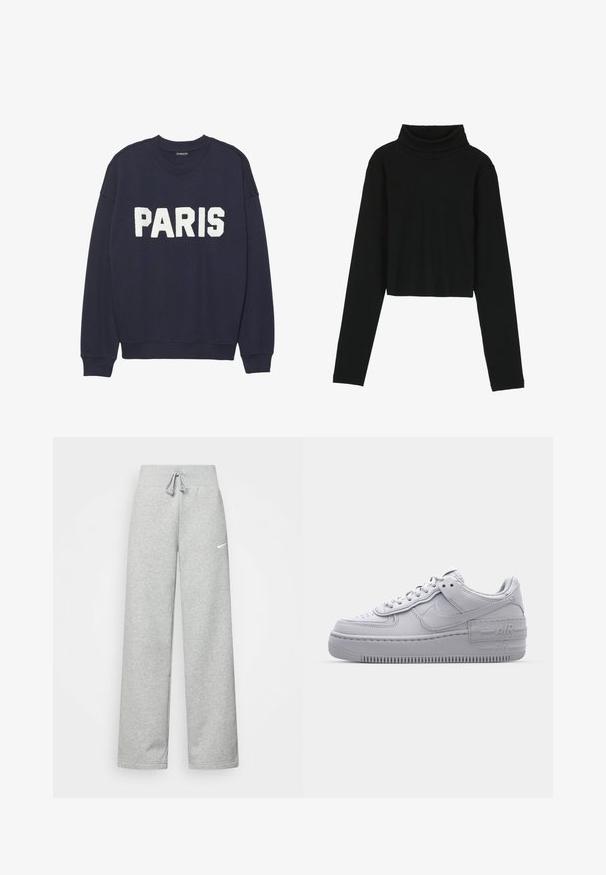 Námornícky modré mikina s rebrovanými manžetami a výstrihom, na prednej strane s bielym fleece nápisom "PARÍŽ".; Even&Odd Top s dlhým rukávom - black; Šedé tepláky s elastickým pásom, detailom na šnúrku a malým bielym logom Nike na ľavom stehne. Mäkká tkanina, voľný strih.; Šedé tenisky Nike Air Force 1 s perforovanou špičkou, hladkým koženým zvrškom, hrubou podrážkou a embosovaným detailom 'AIR' na päte.