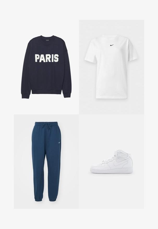 Sudadera azul marino con puños y cuello de canalé, que presenta letras de forro polar en blanco que dicen "PARIS" en la parte delantera.; Camiseta blanca de manga corta con cuello redondo y un pequeño logo negro de Nike Swoosh centrado cerca del cuello.; Pantalones de chándal azul marino hechos de tela suave, con una cintura elástica con cordón y un pequeño logo blanco de Nike en el lado izquierdo.; Zapatillas altas blancas de cuero con cuello acolchado, puntera perforada, cordones y correa ajustable en el tobillo; logo en el lado.