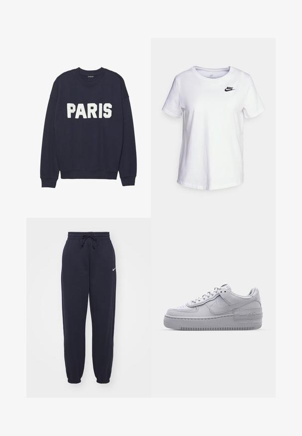 Marineblå sweatshirt med ribbede manchetter og halsudskæring, prydet med hvid fleece-tekst, der står "PARIS" på forsiden.; Hvid bomulds t-shirt med rund halsudskæring og korte ærmer. Har et sort Nike-logo i det øverste venstre brystområde.; Nike joggingbukser i navyblå, lavet af blødt materiale. Har en elastisk talje med snor og manchetter ved anklerne. Lille hvidt logo accenter.; Grå Nike Air Force 1 sneakers med perforeret tå, glat læderoverdel, tyk sål og præget 'AIR' detalje på hælen.