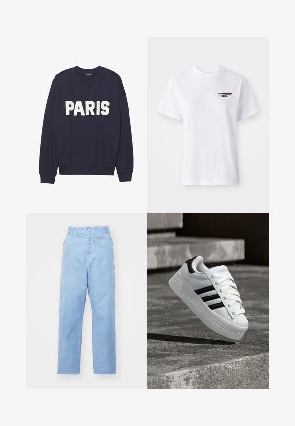 Sudadera azul marino con puños y cuello de canalé, que presenta letras de forro polar en blanco que dicen "PARIS" en la parte delantera.; Camiseta blanca de manga corta con cuello redondo, con un pequeño logo negro y morado de Carhartt WIP en el lado izquierdo del pecho.; Pantalones de mezclilla azul claro con un diseño de pierna recta, cierre de botón y bolsillos delanteros. La tela tiene una textura sutil con un acabado suave.; Zapatilla blanca con rayas y cordones negros flotando sobre escaleras de cemento, mostrando el lateral y la parte delantera del zapato.