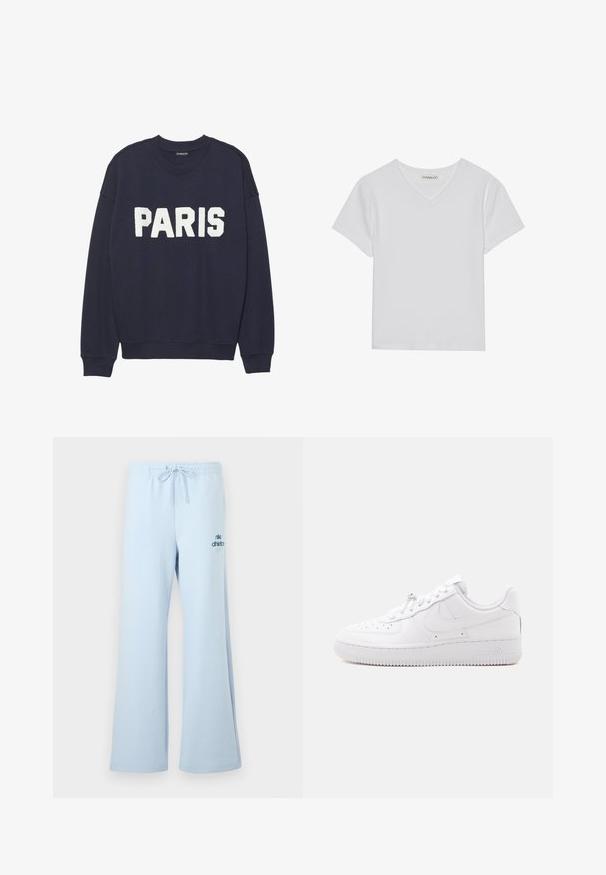 Marineblå sweatshirt med ribbede manchetter og halsudskæring, prydet med hvid fleece-tekst, der står "PARIS" på forsiden.; Hvid kortærmet V-hals t-shirt lavet af ribbet stof. Har et rent design med en lige kant og minimal detaljer.; Lyseblå joggingbukser med afslappet pasform, snøre i taljen og "nike athletics"-logo i en mørkere blå på forsiden af benet. Blød stoftekstur.; Lavtop hvid sneaker med perforeret tå, snørelukning, tekstureret sål og et diskret swoosh-logo på siden.