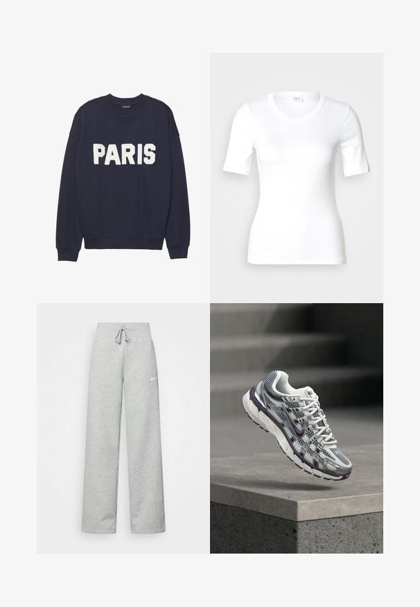 Marineblauwe sweatshirt met ribgebreide manchetten en halslijn, met witte fleece letters die "PARIJS" op de voorkant lezen.; Wit T-shirt met korte mouwen van glad katoen, met een ronde halslijn en een aangesloten pasvorm. Klassiek ontwerp, zonder patronen of accenten.; Grijze sweatpants met een elastische tailleband, een trekkoord-detail en een klein wit Nike-logo op de linkerdij. Zachte stof, losvallend.; Witte en grijze Nike-sneaker met paarse accenten, zwevend boven een betonnen richel met trappen wazig op de achtergrond.