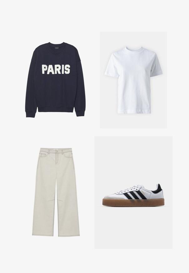 Marineblauwe sweatshirt met ribgebreide manchetten en halslijn, met witte fleece letters die "PARIJS" op de voorkant lezen.; Witte katoen t-shirt met een ronde hals, korte mouwen, een rechte snit en een gladde textuur. Geen patronen of versieringen.; Lichtgrijze wijde broek met vijf zakken, sluiting met een knoop aan de voorkant en contrasterende stiksels langs de naden. De stof lijkt zacht en duurzaam te zijn.; Witte leren sneakers met zwarte strepen, gumrubberen buitenzool, ronde neus, vetersluiting en een zachte grijze suède neuskap.