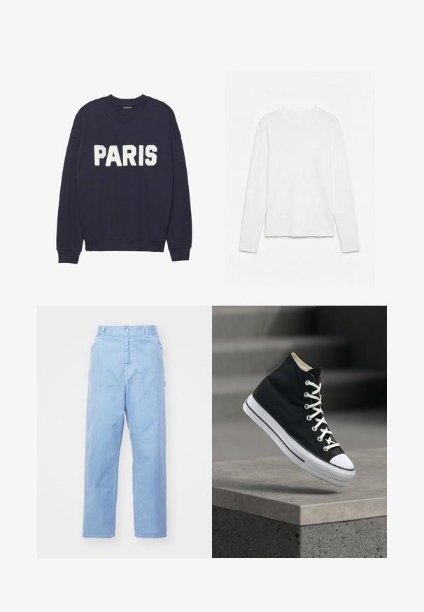 Marineblå sweatshirt med ribbede manchetter og halsudskæring, prydet med hvid fleece-tekst, der står "PARIS" på forsiden.; Helt hvid langærmet t-shirt med rund hals lagt fladt på en hvid overflade, der viser fronten og hele ærmelængden.; Lyseblå denimbukser med lige ben-design, knaplukning og forlommer. Stof har en subtil tekstur med en glat finish.; Sort højt sneakers med hvide snørebånd og gummisål balancerer på kanten af en grå betonplatform.