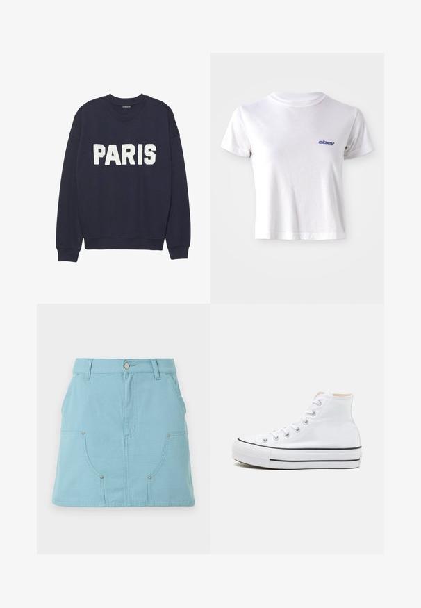 Sudadera azul marino con puños y cuello de canalé, que presenta letras de forro polar en blanco que dicen "PARIS" en la parte delantera.; Camiseta de algodón blanca con escote redondo y mangas cortas, con un pequeño logotipo azul "obey" en el área del pecho izquierdo.; Falda línea A de color azul claro con bolsillos delanteros, presillas para cinturón y cierre de botón en la cintura, mostrada sobre un fondo blanco.; Zapatillas altas blancas de material de lienzo, con suela de goma negra y una franja negra en el mediopie. Punta circular y diseño de cordones.
