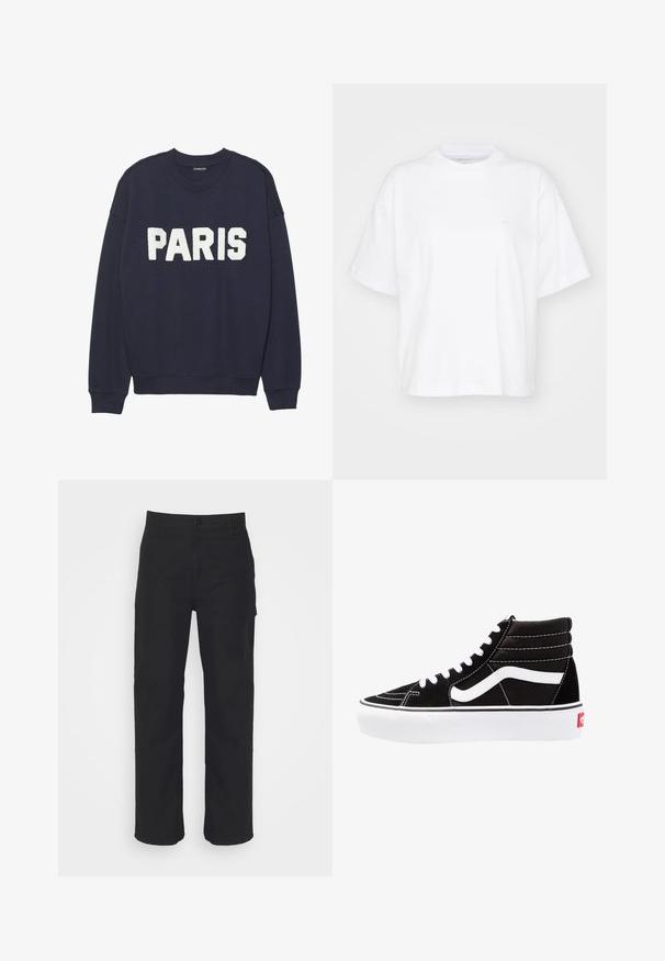Marineblauwe sweatshirt met ribgebreide manchetten en halslijn, met witte fleece letters die "PARIJS" op de voorkant lezen.; Witte katoenen t-shirt met een ronde hals, korte mouwen en een ontspannen pasvorm. Heeft een subtiel logo op het linkerborstgedeelte. Zachte textuur.; Zwarte katoenen broek met een rechte pasvorm, knoopsluiting en riemlussen. Heeft een klassiek ontwerp zonder zichtbare zakken.; Zwarte high-top sneakers met witte veters, een wit logo en contrasterende witte stiksels. Heeft een dikke witte zool en een bovenwerk van gestructureerd suede.