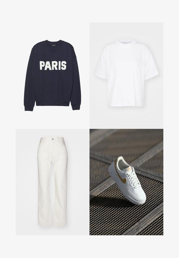 Marineblauwe sweatshirt met ribgebreide manchetten en halslijn, met witte fleece letters die "PARIJS" op de voorkant lezen.; Witte katoenen t-shirt met een ronde hals, korte mouwen en een ontspannen pasvorm. Heeft een subtiel logo op het linkerborstgedeelte. Zachte textuur.; Witte denim broek met een hoge taille en wijde pijpen. Voorzien van een knoop- en ritsluiting, ceintuurlussen en subtiele stikseldetails.; Witte leren sneaker met gouden accenten, ronde neus, geperforeerd ontwerp op de teenbox en platte veters. Voorzien van 'Air'-branding op de zool.
