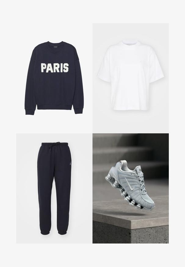 Marineblauwe sweatshirt met ribgebreide manchetten en halslijn, met witte fleece letters die "PARIJS" op de voorkant lezen.; Witte katoenen t-shirt met een ronde hals, korte mouwen en een ontspannen pasvorm. Heeft een subtiel logo op het linkerborstgedeelte. Zachte textuur.; Navy joggingsbroek gemaakt van zacht materiaal, met een elastische tailleband met drawstring, taps toelopende pijpen en een klein wit logo aan de voorkant.; Lichtgrijze Nike hardloopschoen met gedempte veerachtige zool die boven een betonnen richel zweeft, wazige trapachtergrond.