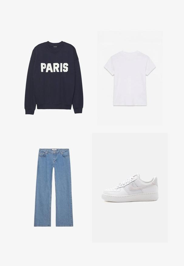 Sudadera azul marino con puños y cuello de canalé, que presenta letras de forro polar en blanco que dicen "PARIS" en la parte delantera.; Camiseta blanca lisa de algodón de manga corta y cuello redondo, colocada plana sobre un fondo blanco.; Pantalones vaqueros anchos de color azul claro, hechos de mezclilla, con un diseño de cinco bolsillos, cierre de botón y detalles de costura a lo largo de las costuras y los dobladillos.; Zapatilla Nike Air Force 1 blanca de caña baja con cordones blancos, perforaciones en la puntera y panel de malla detrás del logo de Nike Swoosh.