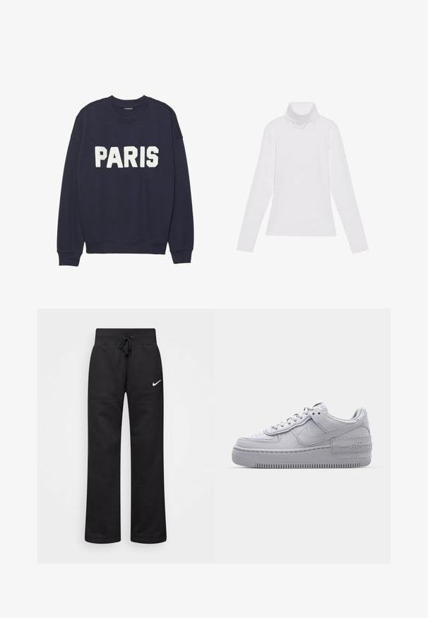 Sudadera azul marino con puños y cuello de canalé, que presenta letras de forro polar en blanco que dicen "PARIS" en la parte delantera.; Top blanco de manga larga y cuello alto, confeccionado en una tela suave y elástica. Presenta un diseño ajustado, sin patrones o adornos visibles.; Pantalones de chándal negros hechos de una mezcla de algodón, con una cintura elástica ajustable, piernas rectas y un logo blanco de Nike en el lado izquierdo.; Zapatilla Nike Air Force 1 gris con puntera perforada, parte superior de cuero suave, suela gruesa y detalle en relieve 'AIR' en el talón.