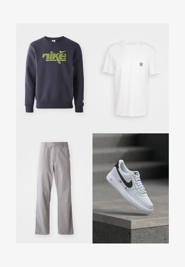 Tumesinine sviiter puuvillasegist, millel on neoonroheline logo ja tekst "nike international sportswear" rinna kohal, soonikkoes mansetid ja allserv.; Valge puuvillane t-särk lühikeste varrukatega, rindade taskuga ja taskul väike ruudukujuline logo kleebis oranžis ja valges.; Hallid puuvillased püksid otse lõikega, millel on ees nupp sulgemiseks ja vöörihmad. Sile tekstuur ja minimaalne detailide hulk.; Valge Nike Air Force 1 toss musta Swoosh logo jaotuses, hõljub betoonserva kohal, kus taustal on hägused trepid.
