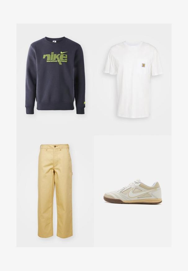 Tumesinine sviiter puuvillasegist, millel on neoonroheline logo ja tekst "nike international sportswear" rinna kohal, soonikkoes mansetid ja allserv.; Valge puuvillane t-särk lühikeste varrukatega, rindade taskuga ja taskul väike ruudukujuline logo kleebis oranžis ja valges.; Beez, laiad säärega puuvillased püksid ees oleva nupuga kinnitusega, vöökohaga ja küljetaskutega. Sile tekstuur nähtava õmbluse detailidega.; Valge sportlik king, millel on tekstuuriga ülemine osa, hallid aktsendid, nööpidega disain ja pruun kummist tall. Ühel küljel on silmapaistev logo.