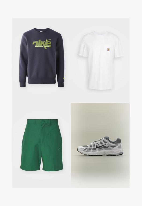 Tumesinine sviiter puuvillasegist, millel on neoonroheline logo ja tekst "nike international sportswear" rinna kohal, soonikkoes mansetid ja allserv.; Valge puuvillane t-särk lühikeste varrukatega, rindade taskuga ja taskul väike ruudukujuline logo kleebis oranžis ja valges.; Roheline põimitud lühikesed püksid laia esiotsaga, kahe küljetaskuga ja diskreetne Nike logo tikandina vasakul jalal. Sisaldab nööpkinni.; Valge ja hall Nike P-6000 toss musta logoga, võrgust paneelide ja tekstuurse tallaga, esitatud külgvaates neutraalsel taustal.