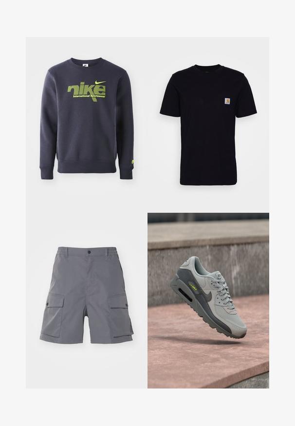 Mørkeblå sweatshirt lavet af bomuldsblanding, med neongrøn logo og teksten "nike international sportswear" på brystet, ribbede manchetter og kant.; Sort bomulds T-shirt med korte ærmer, rund hals og en brystlomme, der har et lille, kvadratisk logo-patch. Enkel, ensfarvet design.; Carhartt WIP BALTO - Shorts - graphite; Grå Nike Air Max sneakers med sort swoosh, mesh- og læderdetaljer, der svæver over en lyserød stensurface og en betonbaggrund.