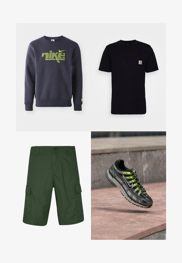 Námornícky modrý mikina vyrobená z bavlnenej zmesi, s neónovo zeleným logom a textom "nike international sportswear" na hrudi, s rebrovanými manžetami a lemom.; Čierne bavlnené tričko s krátkymi rukávmi, okrúhlym výstrihom a náprsného vrecka s malou, štvorcovou nášivkou loga. Jednoduchý, jednoliaty dizajn.; Tmavo zelené cargo šortky vyrobené z ľahkej tkaniny disponujú dvoma bočnými vreckami a zapínaním na gombík. Textúrovaný povrch s rovnými strihom.; Čierno-sivá teniska Nike P-6000 s neónovo žltými detailmi a šnúrkami, ktorá visí nad ružovým betónovým povrchom.