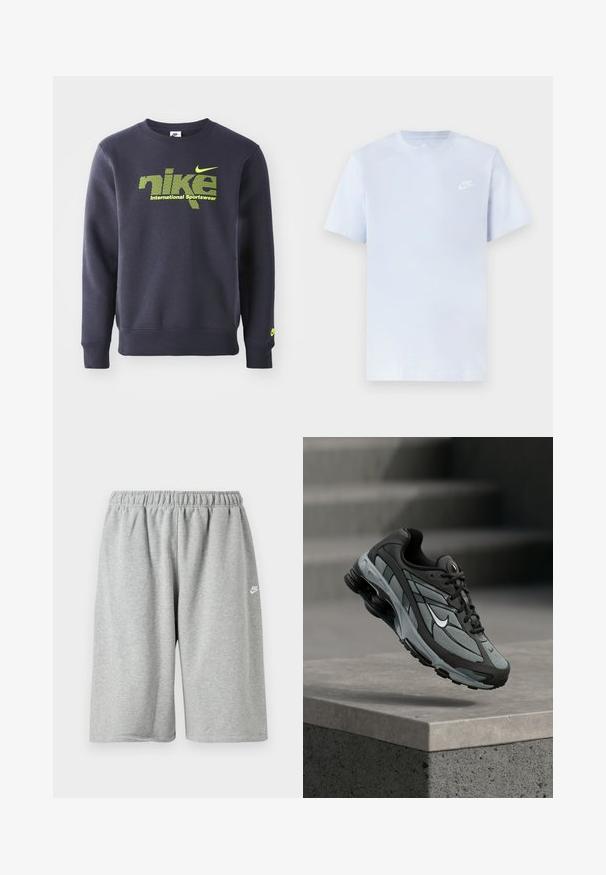 Námornícky modrý mikina vyrobená z bavlnenej zmesi, s neónovo zeleným logom a textom "nike international sportswear" na hrudi, s rebrovanými manžetami a lemom.; Svetlomodré bavlnené tričko s krátkymi rukávmi, okrúhlym výstrihom a bielym logom Nike potlačeným na ľavej hrudi. Hladká textúra, jednoduchý dizajn.; Sivé bavlnené kraťasy s elastickým pásom, voľného strihu a malým bielym logom blízko lemu. Hladká textúra, dĺžka nad kolená.; Šedá a čierna športová teniska s panelmi z sieťoviny a hrubou podrážkou, umiestnená vo vzduchu nad betónovým obrubníkom a schodmi v pozadí.