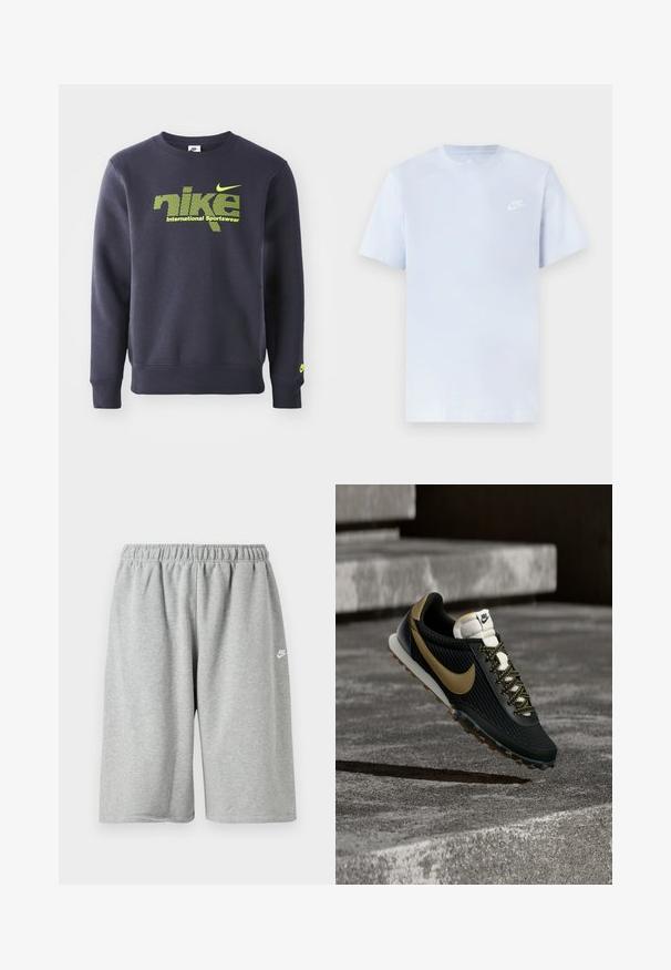 Tumesinine sviiter puuvillasegist, millel on neoonroheline logo ja tekst "nike international sportswear" rinna kohal, soonikkoes mansetid ja allserv.; Hele sinine puuvillane t-särk lühikeste varrukatega, ümar kaelus ja valge Nike logo trükituna vasakul rinnal. Sile tekstuur, lihtne disain.; Hallid puuvillased püksid elastse vöökoha ja lahtise lõikega, väike valge logo ääre lähedal. Sile tekstuur, pikkus üle põlve.; Must ja kuldne Nike jooksujalats tekstuurse pealispinna ja mustriliste paeltega, hõljumas karest betoonpinnast ja treppidest kõrgemal.
