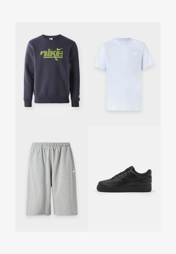 Námornícky modrý mikina vyrobená z bavlnenej zmesi, s neónovo zeleným logom a textom "nike international sportswear" na hrudi, s rebrovanými manžetami a lemom.; Svetlomodré bavlnené tričko s krátkymi rukávmi, okrúhlym výstrihom a bielym logom Nike potlačeným na ľavej hrudi. Hladká textúra, jednoduchý dizajn.; Sivé bavlnené kraťasy s elastickým pásom, voľného strihu a malým bielym logom blízko lemu. Hladká textúra, dĺžka nad kolená.; Nike Sportswear AIR FORCE 1 07 FLYEASE - Tenisky - black