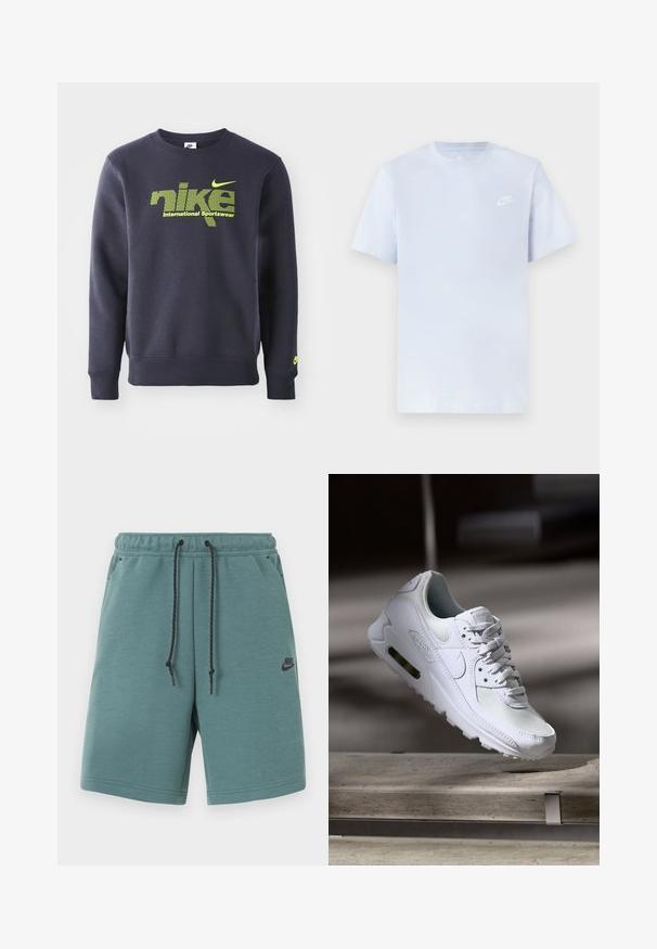 Námornícky modrý mikina vyrobená z bavlnenej zmesi, s neónovo zeleným logom a textom "nike international sportswear" na hrudi, s rebrovanými manžetami a lemom.; Svetlomodré bavlnené tričko s krátkymi rukávmi, okrúhlym výstrihom a bielym logom Nike potlačeným na ľavej hrudi. Hladká textúra, jednoduchý dizajn.; Týrkysovo-modré šortky Nike s čiernym šnurováním, elaštickým pasom, bočnými vreckami a malým čiernym logom Nike na ľavej stehno.; Biele tenisky Nike Air Max 90 s vrchnou časťou z kože a sieťoviny, perforovanou špičkou a viditeľnou vzduchovou jednotkou v päte.
