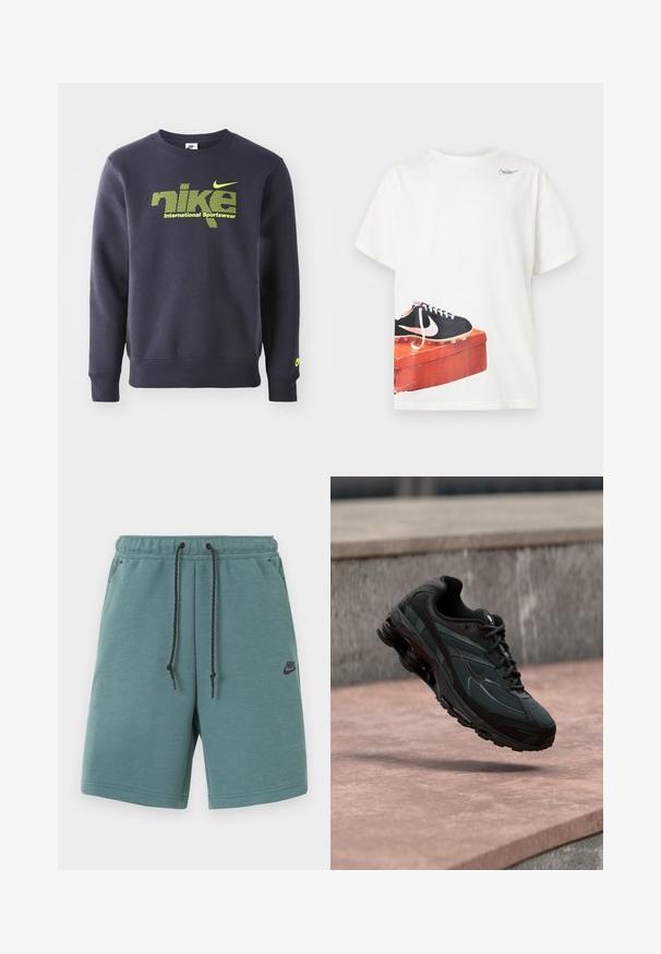 Mørkeblå sweatshirt lavet af bomuldsblanding, med neongrøn logo og teksten "nike international sportswear" på brystet, ribbede manchetter og kant.; Hvid T-shirt med korte ærmer med et trykt sort Nike-fodboldstøvlemotiv på en slidt rød skoeske tæt på sømmen og et lille logo nær halsudskæringen.; Nike-shorts i blågrøn farve med sort snøre, elastisk linning, sidelommer og lille sort Nike-logo på venstre lår.; Sort atletisk sneaker med synligt luftdæmpende mellemsål, der svæver over en pink stenoverflade med en grå stenvæg i baggrunden.