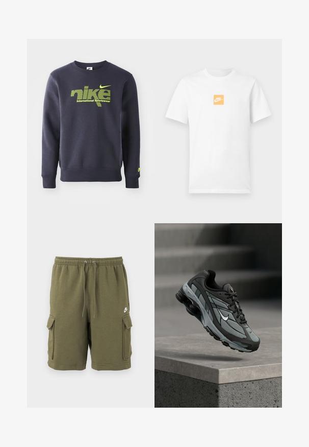 Námornícky modrý mikina vyrobená z bavlnenej zmesi, s neónovo zeleným logom a textom "nike international sportswear" na hrudi, s rebrovanými manžetami a lemom.; Biele krátke bavlnené tričko s krátkym rukávom s malým oranžovým štvorcom na hrudi s bielym logom Nike a známym znakem swoosh.; Olivovo zelené Nike cargo šortky s elastickým pásom, nastaviteľným šnúrkou, bočnými vreckami s klopou a malým bielym logom Nike na ľavom stehne.; Šedá a čierna športová teniska s panelmi z sieťoviny a hrubou podrážkou, umiestnená vo vzduchu nad betónovým obrubníkom a schodmi v pozadí.