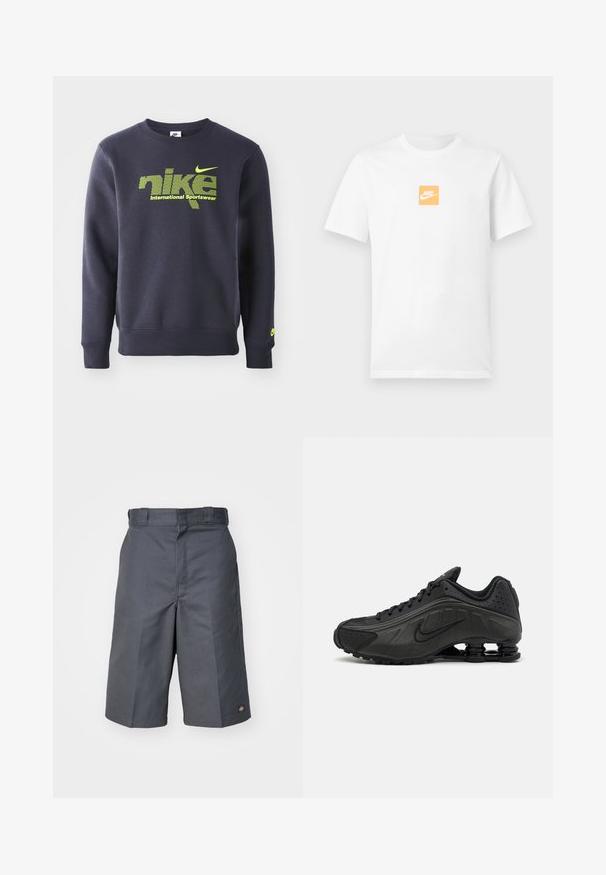 Námornícky modrý mikina vyrobená z bavlnenej zmesi, s neónovo zeleným logom a textom "nike international sportswear" na hrudi, s rebrovanými manžetami a lemom.; Biele krátke bavlnené tričko s krátkym rukávom s malým oranžovým štvorcom na hrudi s bielym logom Nike a známym znakem swoosh.; Šedé šortky vyrobené z odolnej tkaniny, s rovnými nohavicami, dvoma bočnými vreckami a malým logom na zadnom vrecku.; Čierne bežecké topánky s hladkým syntetickým zvrškom, perforovanými akcentmi, textúrovanými bočnými panelmi a výraznou pružnou podrážkou.