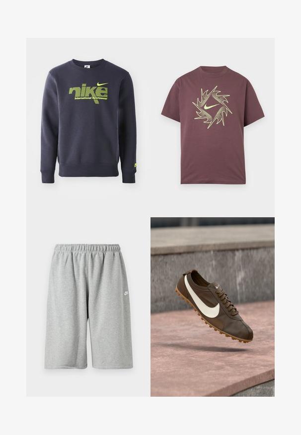 Tumesinine sviiter puuvillasegist, millel on neoonroheline logo ja tekst "nike international sportswear" rinna kohal, soonikkoes mansetid ja allserv.; Lühikeste varrukatega marsala värvi T-särk neoonkollase abstraktse torkiva ringikujulise mustri ja keskel rinnal olevaga Swoosh-logo.; Hallid puuvillased püksid elastse vöökoha ja lahtise lõikega, väike valge logo ääre lähedal. Sile tekstuur, pikkus üle põlve.; Pruun Nike jooksujalats, valge Swoosh logoga ja kummist tald, hõljumas roosa kivipinna kohal, halli kivitaustaga.
