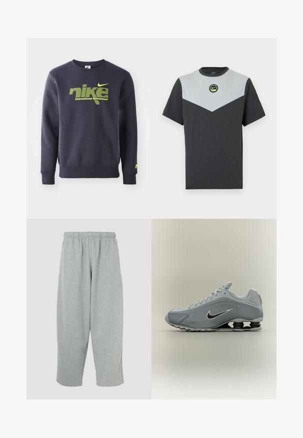 Námornícky modrý mikina vyrobená z bavlnenej zmesi, s neónovo zeleným logom a textom "nike international sportswear" na hrudi, s rebrovanými manžetami a lemom.; Tričko Nike s krátkym rukávom v tmavošedej a svetlosivej farbe s chevronovým vzorom, zeleným kruhovým logom a kontrastnými neónovými akcentmi na ramenách.; Svetlosivé tepláky s elastickým pásom, zúženým strihom nohavíc a mäkkou textúrou. Bez viditeľného loga alebo vzorov.; Šedá športová obuv Nike s čierno-bielym logom Swoosh, šnurovacím dizajnom a unikátnym pružinovým odpružením v oblasti päty podrážky.