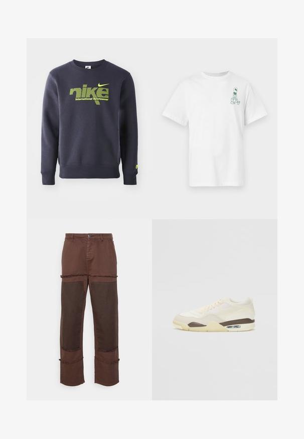 Marineblauer Sweatshirt aus Baumwollmischung, mit neongrüner Logo und dem Text "nike international sportswear" auf der Brust, gerippte Bündchen und Saum.; Weißes kurzärmliges T-Shirt mit kleiner grüner Alien-Grafik, die Taschen auf der linken Brustseite trägt.; Night Addict Loose Jeans - brown; Schuh mit einem cremefarbenen Obermaterial aus Mesh und glatten Texturen, einem braunen Akzent, einer hellgelben Sohle und sichtbarer Luftpolsterung in der Ferse.