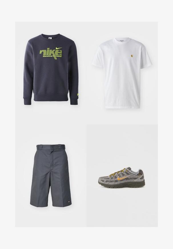 Marineblauwe sweatshirt van katoenmix, met neon groene logo en tekst "nike international sportswear" op de borst, geribbelde manchetten en onderste rand.; Witte katoenen t-shirt met korte mouwen en ronde hals, voorzien van een klein gouden logo op de linkerkant van de borst. Zachte textuur en een normale pasvorm.; Grijze shorts van duurzame stof, met een rechte pasvorm, twee zijzakken en een klein logo op de achterzak.; Grijze suède sneaker met gouden accenten, gestructureerde panelen en bijpassende veters. Voorzien van een gevoerde zool en een logodetail aan de zijkant.