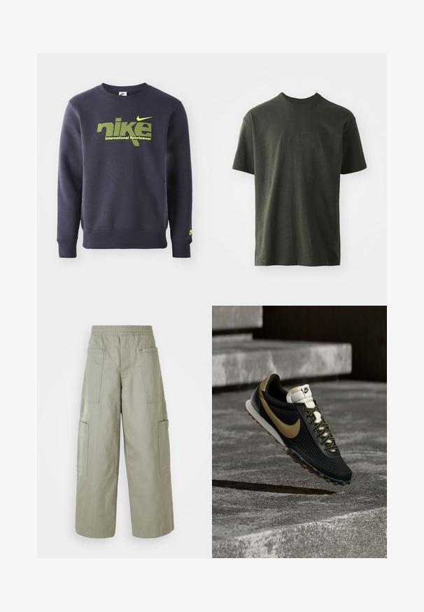 Námornícky modrý mikina vyrobená z bavlnenej zmesi, s neónovo zeleným logom a textom "nike international sportswear" na hrudi, s rebrovanými manžetami a lemom.; Tmavohnedé tričko vyrobené z jemnej látky, s kulatým výstrihom a krátkymi rukávmi. Vyšívané logo "nike" v mierne tmavšej zelenej.; Voľné olivovozelené cargo nohavice s elastickým pásom, viacerými vreckami a hladkou textúrou. Zúženie šírky na leme.; Čierno-zlatá bežecká obuv Nike s textúrovaným zvrškom a vzorovanými šnúrkami vznášajúca sa nad drsným betónovým povrchom a schodmi.