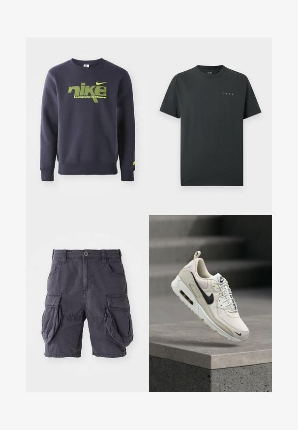 Tummansininen collegepaita, joka on valmistettu puuvillasekoitteesta. Paidassa on neonvihreä logo ja teksti "nike international sportswear" rinnassa, sekä ribbireunat hihoissa ja helmassa.; Musta lyhythihainen pyöreäkauluksinen T-paita, jossa vasemmassa rinnassa pieni valkoinen "OBEY"-teksti.; Cargo shorts valmistettu tummanharmaasta puuvillasta, joissa on klassinen malli, useita sivutaskuja ja etupainon suljin. Tasainen rakenne.; Beige ja valkoinen Nike Air Max -lenkkari mustalla Swoosh-logolla, valkoisilla nauhoilla ja näkyvällä ilmatyynyllä varustettu pohja, joka lepää betonilohkolla.
