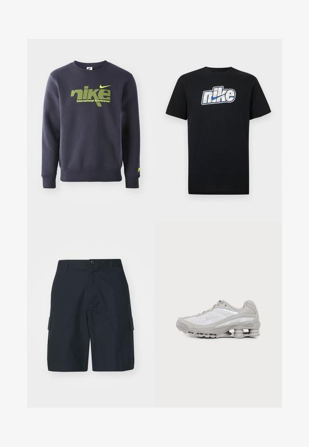 Sudadera azul marino de mezcla de algodón, con logo verde neón y el texto "nike international sportswear" en el pecho, puños y dobladillo acanalados.; Camiseta negra de manga corta con un gran logo de Nike en blanco y azul centrado en el pecho.; Bermudas de carga azul oscuro fabricadas en un tejido ligero. Presentan bolsillos laterales, un cierre de botón y un diseño limpio y ajustado.; Zapatilla deportiva gris y blanca con suela visible de amortiguación de aire y paneles de malla, mostrada de perfil sobre un fondo claro y sencillo.