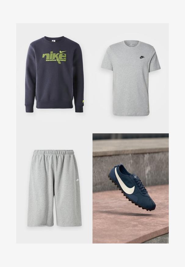 Námornícky modrý mikina vyrobená z bavlnenej zmesi, s neónovo zeleným logom a textom "nike international sportswear" na hrudi, s rebrovanými manžetami a lemom.; Sivý krátky rukáv T-shirt vyrobený z bavlny, s čiernym logom Nike na hrudi a okrúhlym výstrihom. Minimalistický dizajn bez vzorov.; Sivé bavlnené kraťasy s elastickým pásom, voľného strihu a malým bielym logom blízko lemu. Hladká textúra, dĺžka nad kolená.; Modrá atletická športová obuv Nike s bielym logom swoosh, čiernou podrážkou s kolíkmi a šnúrkami, zavesená nad kamenným povrchom.