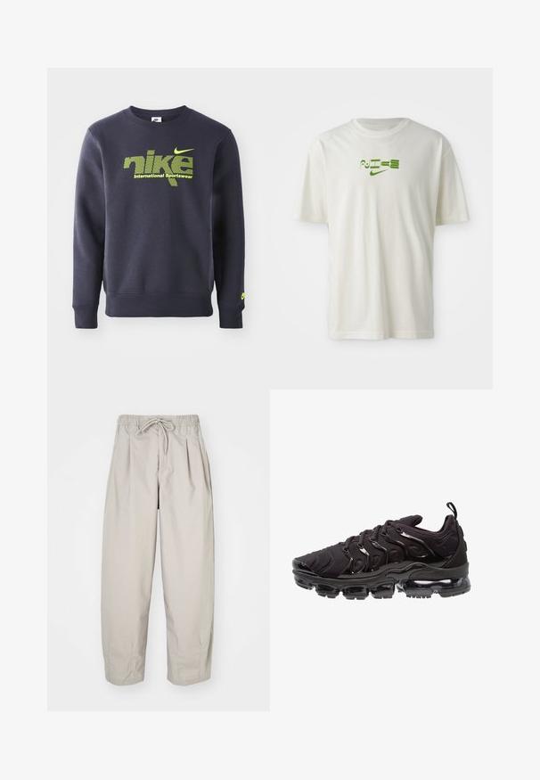 Sudadera azul marino de mezcla de algodón, con logo verde neón y el texto "nike international sportswear" en el pecho, puños y dobladillo acanalados.; Camiseta de algodón blanca con un estampado gráfico verde que incluye la palabra "NIKE" y su logotipo. Manga corta y cuello redondo. Textura suave.; Pantalones ligeros color beige con cintura elástica y cordón de ajuste. Presentan pliegues y un corte holgado, elaborados con una tela suave y lisa.; Zapatillas deportivas negras con una parte superior de tela texturizada, acentos brillantes y una suela prominente con amortiguación de aire. Presenta elementos de diseño en forma de onda distintivos.