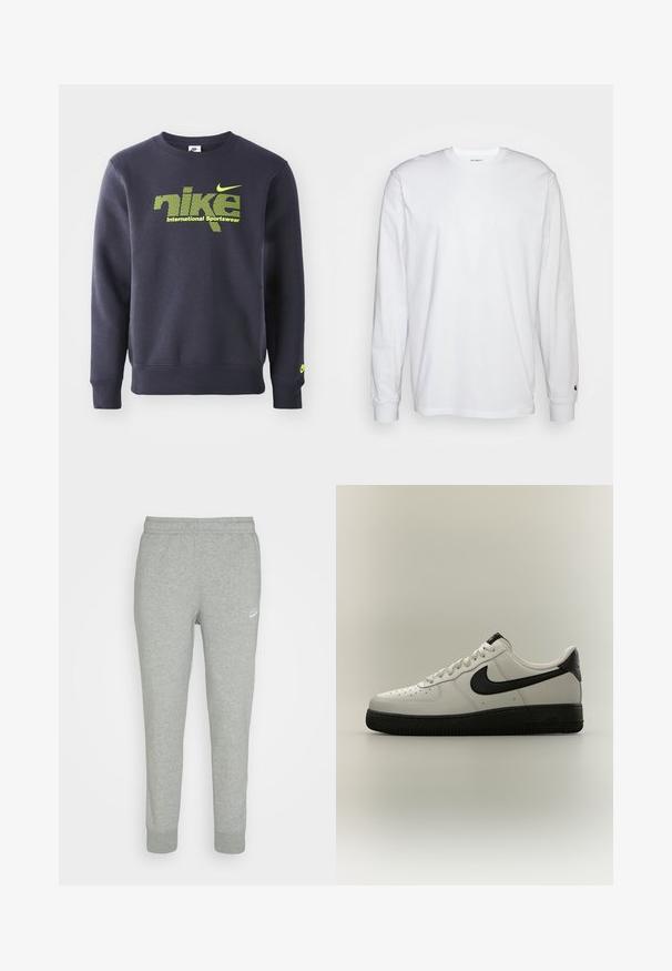 Námornícky modrý mikina vyrobená z bavlnenej zmesi, s neónovo zeleným logom a textom "nike international sportswear" na hrudi, s rebrovanými manžetami a lemom.; Biela dlhá bavlnená tričko s dlhým rukávom. Dizajn s okrúhlym výstrihom a rebrovanými manžetami, malá nášivka na ľavom rukáve. Hladká textura.; Šedé tepláky z jemnej látky s úzkym strihom, elastickým pásom a malým bielym logom Nike na ľavom stehne.; Nízke biele tenisky s čiernym Nike swoosh, čiernou pätovou záložkou a hrubou čiernou podrážkou na neutrálom pozadí.