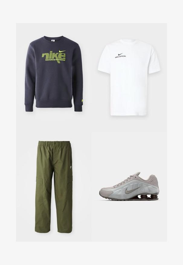 Tumesinine sviiter puuvillasegist, millel on neoonroheline logo ja tekst "nike international sportswear" rinna kohal, soonikkoes mansetid ja allserv.; Valge lühikeste varrukatega puuvillane t-särk. Esiküljel vasakul rinnal on must "Nike Official" logo ja must Swoosh.; Nike cargo püksid tumesoomusrohelises värvitoonis, millel on elastne talje, kaks külge taskut ja sile, kerge kangas.; Nike jooksujalats helesinises värvitoonis, sujuva tekstuuri, kaarjate joontega ning tumeda pruuniga nähtavate pehmendavate vedrudega kandade juures.