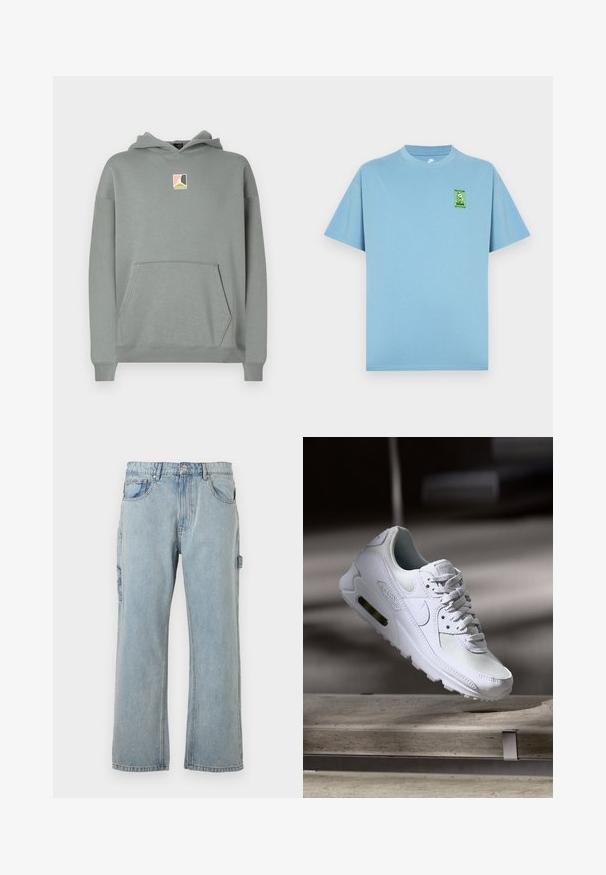 Sweat-shirt gris avec capuche, doté d'une poche avant et d'un petit écusson logo en rose, blanc et noir au niveau de la poitrine. Design classique.; T-shirt en coton bleu clair avec un col rond et des manches courtes, arborant un patch logo cartoon vert sur la poitrine gauche.; Pantalon cargo en denim bleu clair avec une coupe décontractée, doté de poches latérales, d'une coupe droite et de détails de couture visibles.; Sneaker Nike Air Max 90 blanche avec une tige en mesh et cuir, une boîte à orteils perforée et une unité air visible au talon.