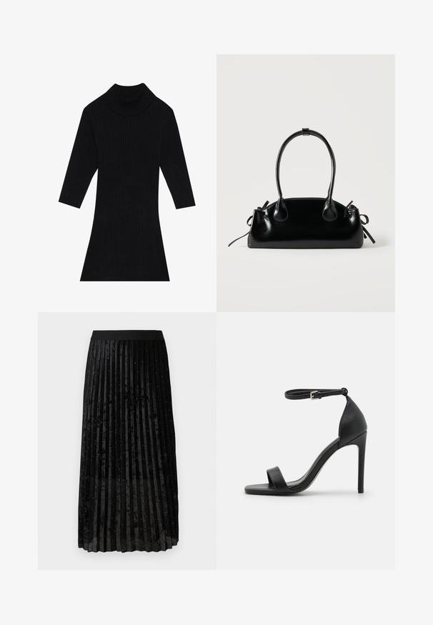 Schwarzes geripptes Strickkleid mit hohem Kragen und dreiviertel Ärmeln, das eine taillierte Silhouette besitzt und am Saum ausgestellt ist.; Schwarzer plissierter Rock aus Samt mit einer strukturierten Oberfläche und glitzernden Verzierungen, die gleichmäßig über den Stoff verteilt sind.; Schwarze hochhackige Sandale mit elegantem Design, featuring einem Knöchelriemen, offener Zehenpartie und glattem Lederfinish.; Kleine schwarze glänzende Handtasche mit zwei langen Griffen und seitlichen Kordelzug-Details vor einfachem hellem Hintergrund.