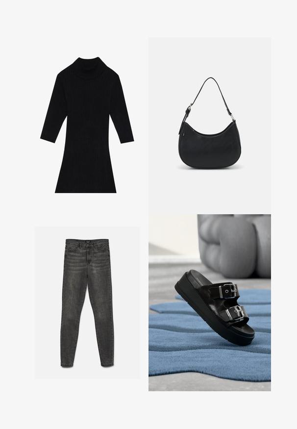 Vestido negro de punto acanalado con cuello alto y mangas tres cuartos, que presenta una silueta ajustada que se ensancha en el dobladillo.; Vaqueros ajustados de color gris oscuro con cierre de botón y cremallera, bolsillos delanteros y traseros, mostrados extendidos sobre un fondo blanco.; Sandalia negra con dos hebillas plateadas, suela con plataforma, colocada sobre una alfombra azul texturizada con muebles beige desenfocados en el fondo.; Bolso hobo negro hecho de cuero suave con una silueta curva, que cuenta con una sola correa ajustable y detalles de diseño minimalistas.