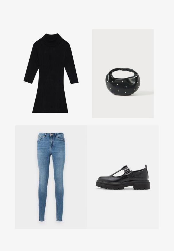 Schwarzes geripptes Strickkleid mit hohem Kragen und dreiviertel Ärmeln, das eine taillierte Silhouette besitzt und am Saum ausgestellt ist.; Blaue High-Waist Skinny Jeans mit vorderen Taschen, Gürtelschlaufen, Knopfverschluss und dezentem Verblassen an Oberschenkeln und Knien.; Schwarzer Kunstleder-Schuh mit Krokodilprägung, runder Zehenpartie, Knöchelriemen mit metallicschnalle und einer robusten Gummisohle.; Schwarze Lederhandtasche mit abgerundeter Form, verziert mit silbernen Nietenakzenten und kurzem Griff. Glatte Struktur und Reißverschlussverschluss.