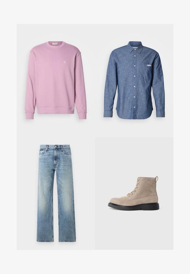 Roze sweatshirt met ronde hals en geribbelde boorden, met een klein wit logo op de borst. Gemaakt van zachte katoen.; Blauw overhemd met lange mouwen, gemaakt van een lichtgewicht, gestructureerde stof. Heeft een borstzak aan de linkerkant en een klein logolabel. De knopen zijn licht van kleur.; Lichtblauwe denim jeans met rechte pijpen, een hoge taille, vijf zakken, knoopsluiting en subtiele vervaging op de dijen en knieën.; Beige suède enkellaarsjes met zwarte rubberen zool, vetersluiting en een klein logo dat aan de zijkant is gedrukt, voorzien van een trekloop aan de achterkant.
