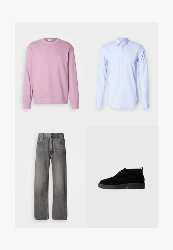 Roze sweatshirt met ronde hals en geribbelde boorden, met een klein wit logo op de borst. Gemaakt van zachte katoen.; Lichtblauw overhemd met lange mouwen, gemaakt van zachte stof, met een subtiel bloemenpatroon, knoopsluiting aan de voorkant en een klassieke kraag.; Wijde jeans in donkergrijze denim met een vervaagde finish. Voorzien van een klassieke vijfzakkenontwerp en riemlussen.; Zwarte suede enkellaarsjes met een ronde neus, vetersluiting, zwarte rubberen zool en een aantreklip aan de achterkant voor gemakkelijk aan- en uittrekken.