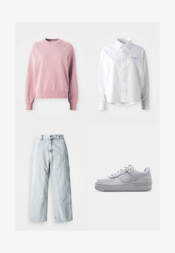 Helles rosa Sweatshirt mit Rundhalsausschnitt und Raglanärmeln, gerippten Bündchen und Saum, aus weichem Stoff gefertigt. Mit einem kleinen Logo-Tag an der Seite.; Weißes Hemd mit hellblauen vertikalen Streifen, spitzem Kragen und kleinem blauen Logo auf der linken Brust. Baumwollstoff, lockere Passform.; Helle blaue Denim-Hosen mit weitem Bein, großen Seitentaschen, hohem Bund und lockerer Passform. Abgenutzte Textur mit verwaschenem Finish.; Graue Nike Air Force 1 Sneaker mit perforierter Zehenpartie, Obermaterial aus glattem Leder, dicker Sohle und geprägtem 'AIR'-Detail an der Ferse.
