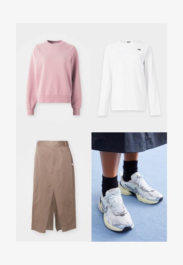 Helles rosa Sweatshirt mit Rundhalsausschnitt und Raglanärmeln, gerippten Bündchen und Saum, aus weichem Stoff gefertigt. Mit einem kleinen Logo-Tag an der Seite.; Weißes Langarmshirt mit Rundhalsausschnitt und kleinem schwarzem The North Face-Logo auf der linken Brust.; Helles Baumwollrock in gerader Form, ausgestattet mit einem vorderen Schlitz, seitlichen Taschen und einem Standardbund. Glatte Textur und sorgfältig gearbeitete Nähte.; Weiße und silberne Nike-Sneaker aus Mesh-Gewebe, mit reflektierenden Akzenten und einer beigen Sohle. Getragen mit schwarzen Socken und stehend auf einer blauen Fläche.