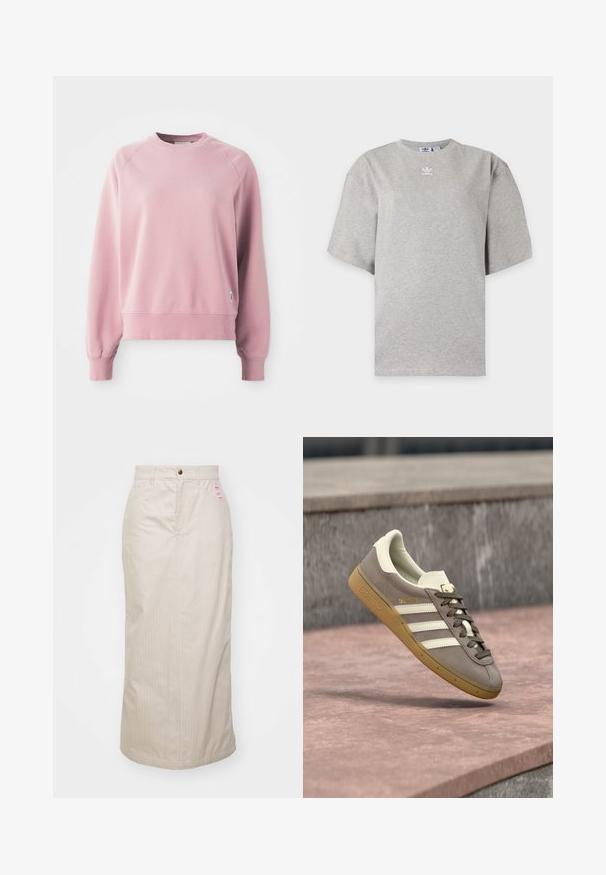 Lichtroze crewneck sweatshirt met raglanmouwen, geribbelde manchetten en zoom, gemaakt van een zachte stof. Bevat een klein logolabel aan de zijkant.; Lichtgrijs Adidas T-shirt met korte mouwen, ronde hals en klein wit Adidas-logo op de borst, weergegeven op een effen achtergrond.; Beige gestreepte rok met een hoge taille, verborgen rits en metalen knoopsluiting. Inclusief een klein merklabel aan de voorkant.; Lichtbruine suède Adidas sneaker met witte strepen en een rubberen zool, hangend boven roze stenen traptreden buiten.