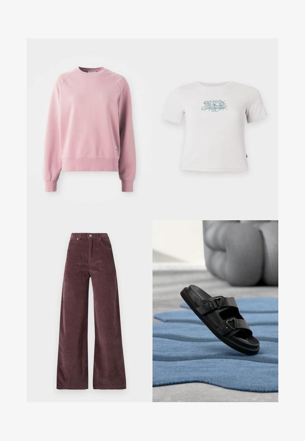 Helles rosa Sweatshirt mit Rundhalsausschnitt und Raglanärmeln, gerippten Bündchen und Saum, aus weichem Stoff gefertigt. Mit einem kleinen Logo-Tag an der Seite.; Kurzes, weißes, geripptes T-Shirt mit kurzen Ärmeln und einem kleinen grünen Blumenmotiv in der Mitte der Brust.; Hochtaillierte, weit geschnittene Hose aus dunkel-lila Cord mit vorderen Taschen und Knopfverschluss.; Schwarze Ledersandale mit zwei verstellbaren Schnallenriemen, liegend auf einer strukturierten blauen Oberfläche, mit einem verschwommenen gepolsterten Objekt im Hintergrund.